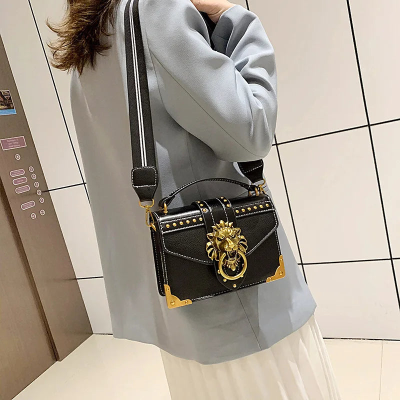 Luxury Metal Lion Head Brand Crossbody Bags: Female Fashion Handbags for Girls, Tote, Shoulder Purse, Mini Square Messenger Bag