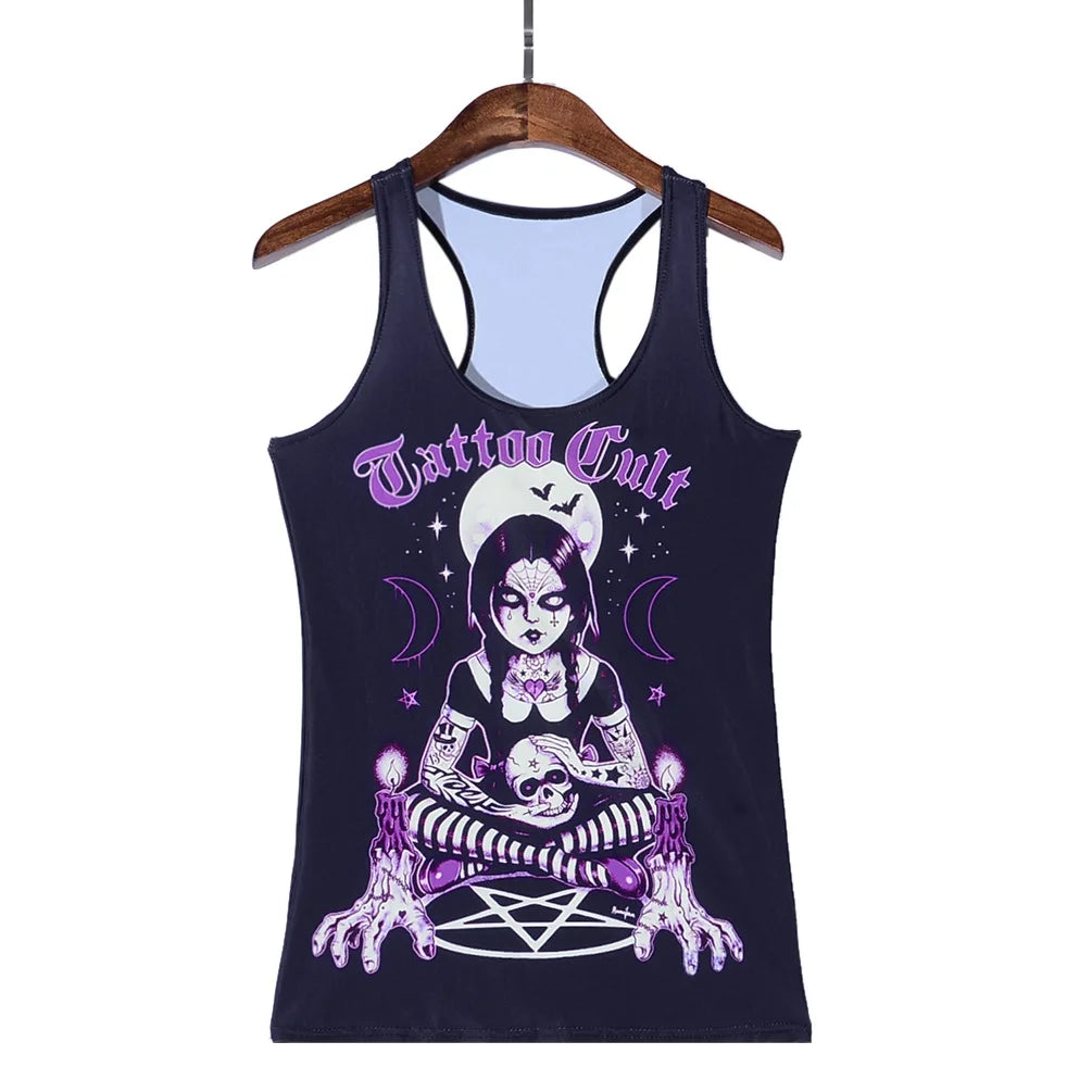 [You're My Secret] Dark Night Moon Tank Top Ouiji Witchy Women Vest Gothic Skull Bad Girl T-shirt Harajuku Black Street Camisole