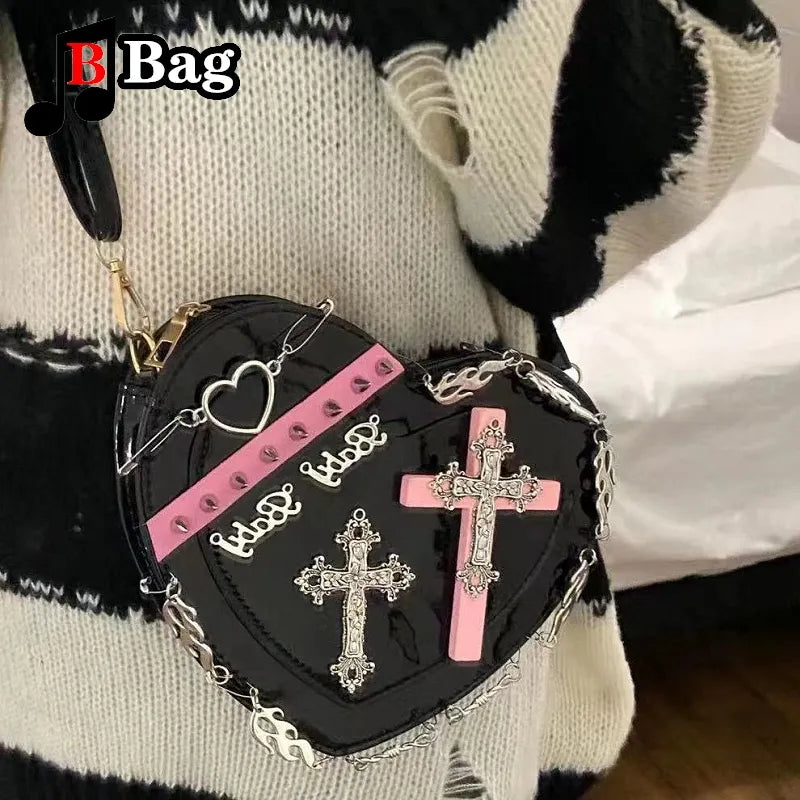 Harajuku Y2K Goth Punk Style Heart Shaped Expressive Metal Embellishment Crossbody Shoulder Handbag