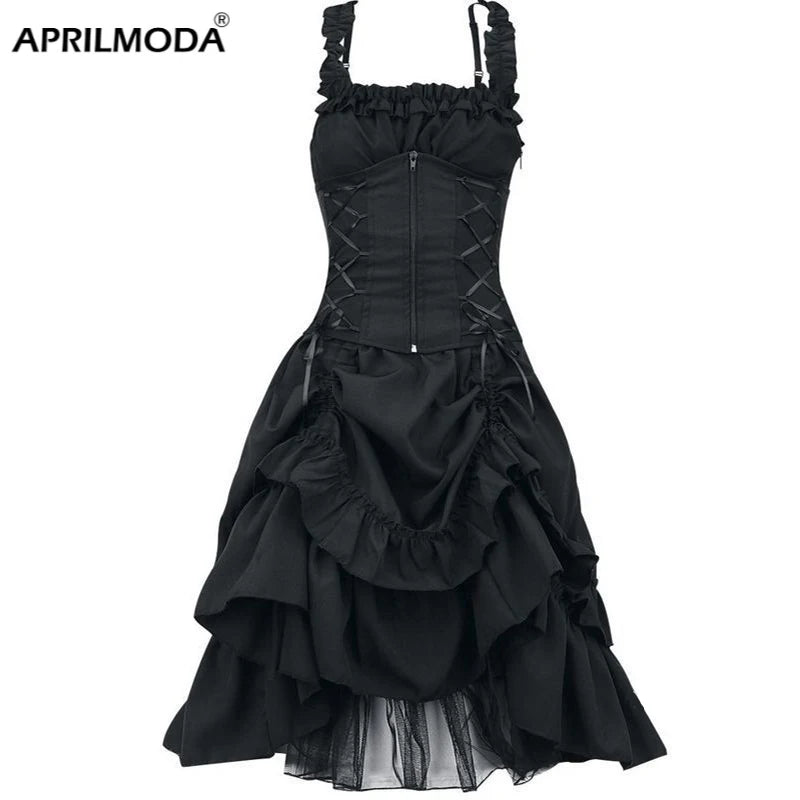 5XL Women's Victorian Gothic Dress - Retro Lolita Punk Princess Cosplay Layered Gathered Dress