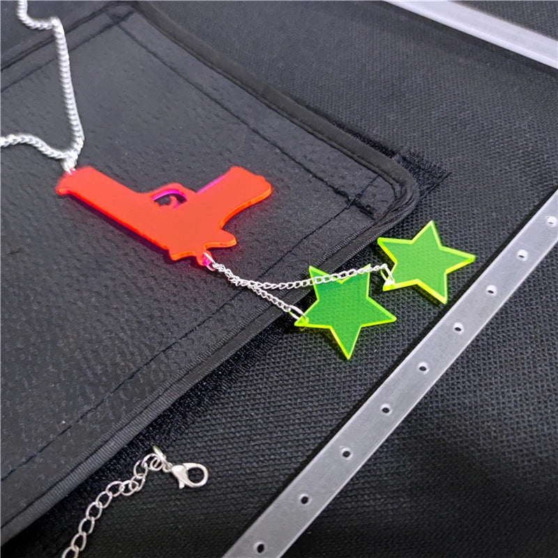 Gun and Stars Long Pendant Necklace - Silver Tassel Chain, Pink & Green Acrylic Punk Rock Jewelry for Women & Men