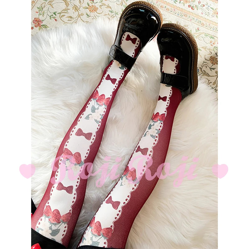 Strawberry BOWTIE Lolita Socks Women's Spring And Summer 120D Velvet Printed Patyhose Lolita Sweet Japanese-style Socks