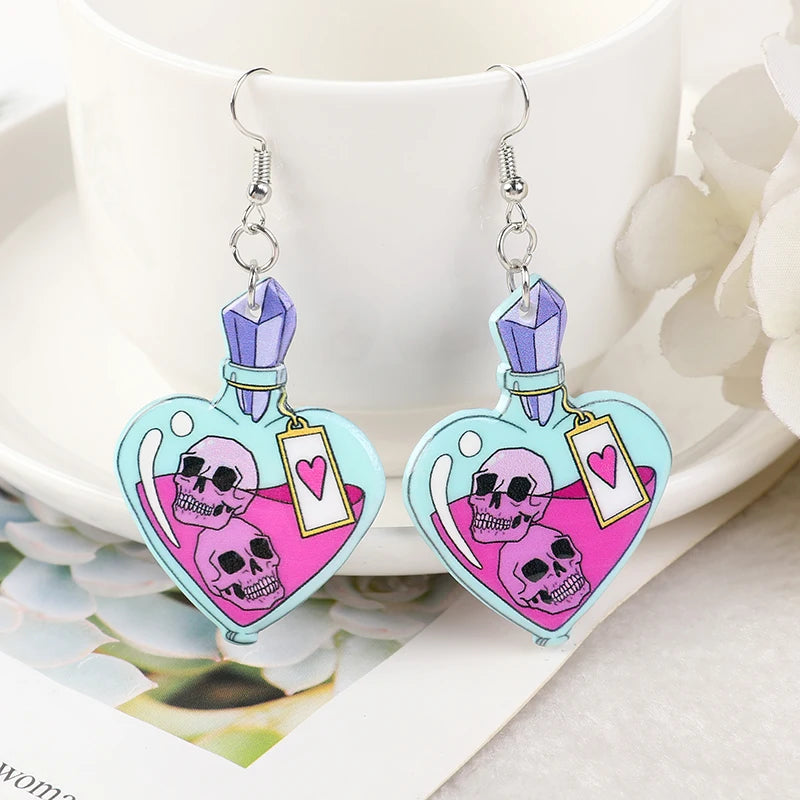 Pastel Goth Creepy Skull Potion Earrings - Fashion Cartoon Acrylic Jewelry for Girls & Women, Perfect Birthday Gift