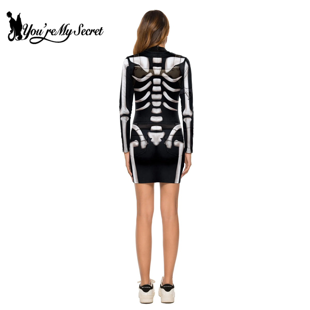 [You're My Secret] Halloween Party Dress 3D Skeleton Print Women Long Sleevele Gothic Harajuku Dress Sexy Street Ladies Clothing