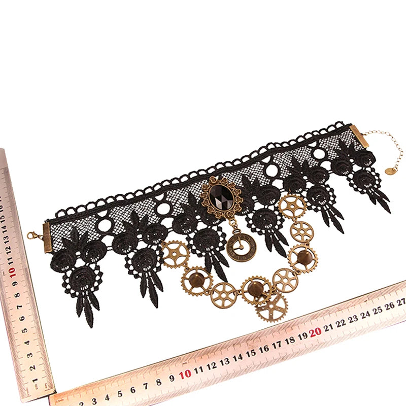 Sexy Gothic Crystal Gear Chain Choker: Black Lace Neck Choker Necklace, Vintage Steampunk Jewelry for Women