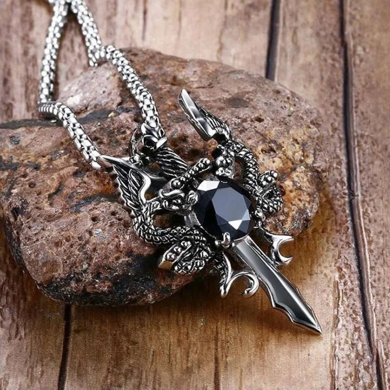 Classic Double Dragon Sword Pendant Necklace – High Quality Metal Rock Party Jewelry for Men