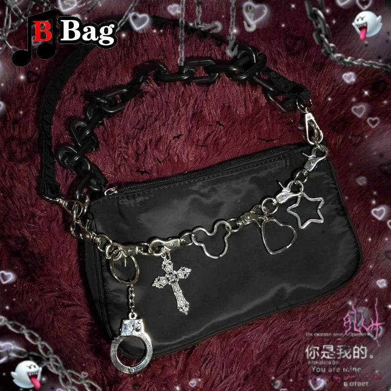 Women’s Gothic Punk Underarm Bag with Metal Charms and Chain Accents | Satchel Style Handbag