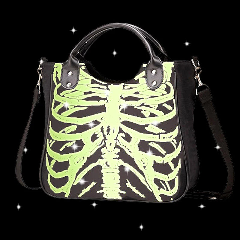 Reflective Punk Fashion: Luminous Gothic Skulls Tote Bag for Women, Rock Designer Casual Totes with a Hint of Darkness