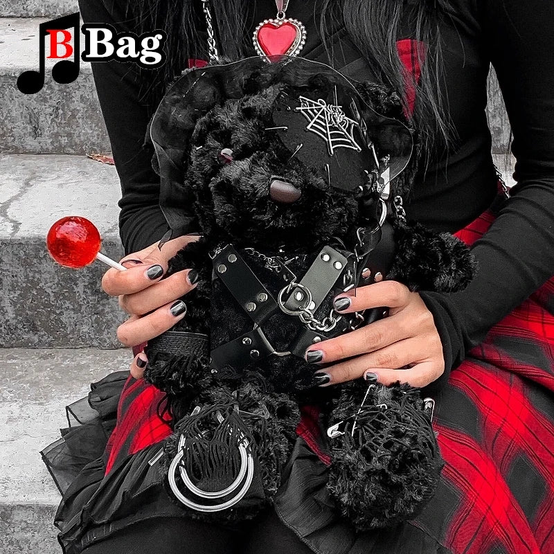 Handmade Gothic Lolita Bloody Bear Doll Bag | Shoulder Bags Punk Soft Girl Goth Halloween Cosplay Backpack Gift