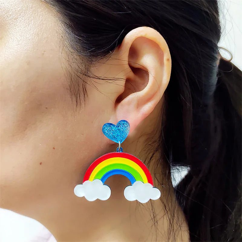 KUGUYS Rainbow & White Clouds Drop Earrings - Glitter Acrylic Cute Cartoon Gift Fashion Jewelry for Women