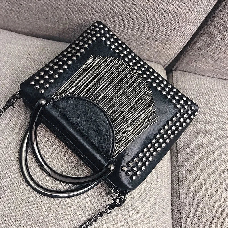 Women's New PU Leather Flap Shoulder Bag - Rivet Tassel Chains Fashion Handbag, Crossbody, and Handle