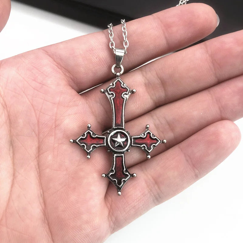 Red Bloody Inverted Cross Pendant Necklace - Vintage Gothic Cross Pendant Satanic Cross Jewelry