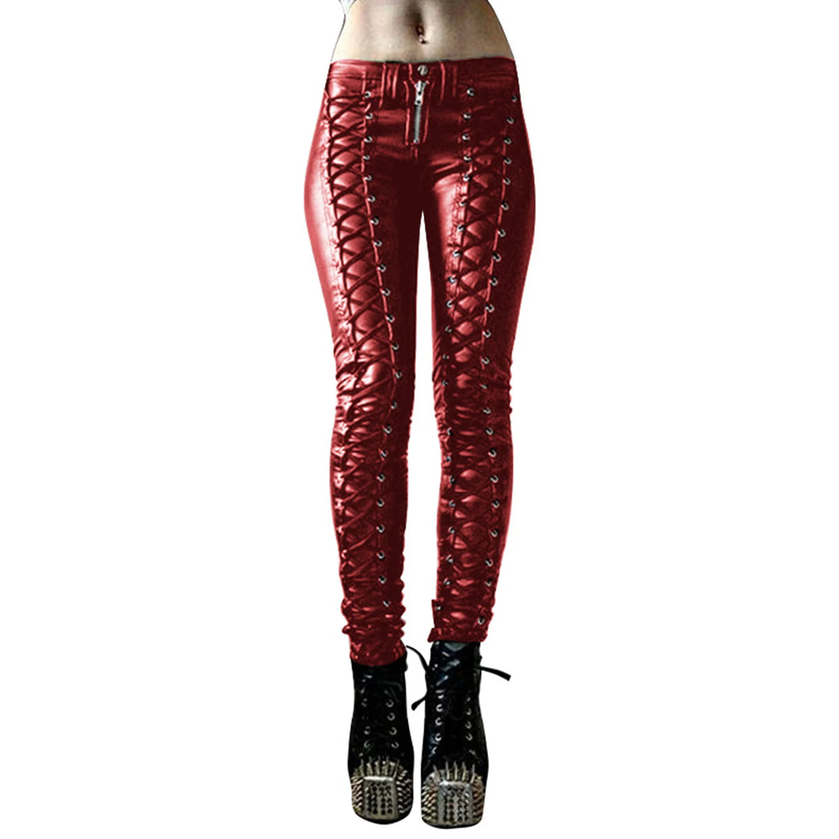 Women’s Retro PU Leather Pants – Steampunk Rivet Zipper Lace-Up Skinny Pencil Pants, Gothic Streetwear for Autumn