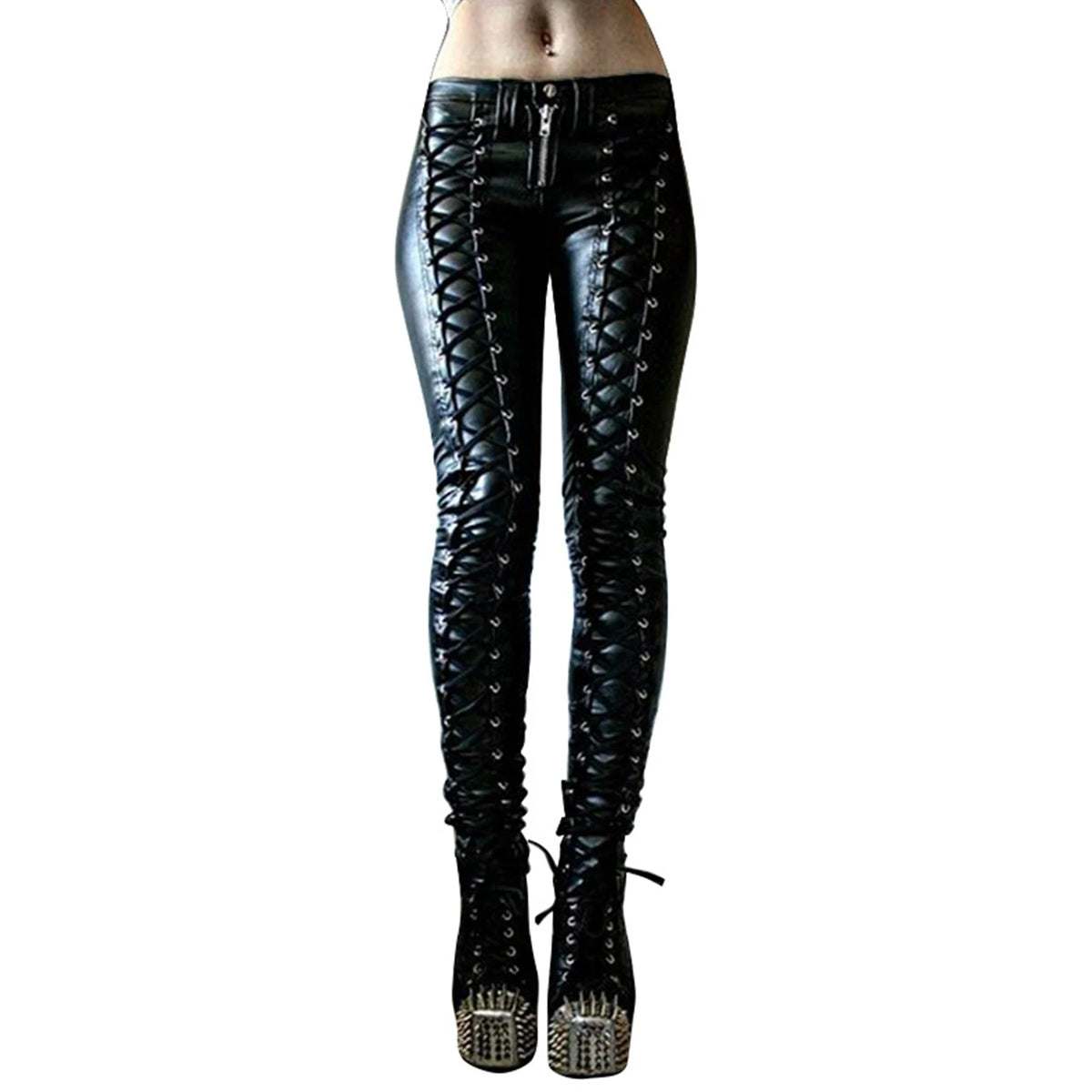 Women’s Retro PU Leather Pants – Steampunk Rivet Zipper Lace-Up Skinny Pencil Pants, Gothic Streetwear for Autumn