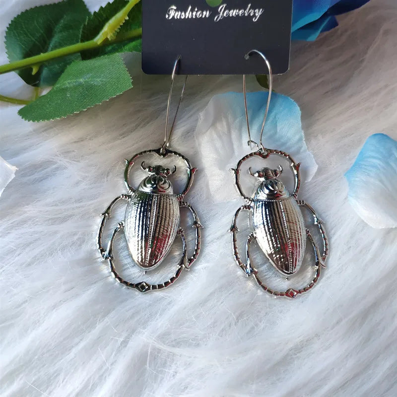 Goth Black Giant Scarab Beetle Earrings: Exaggerated Insect Statement Pieces, Punk Jewelry Fashion with Nature-Inspired Design, Big Dangle & Drop for Women's Gifts