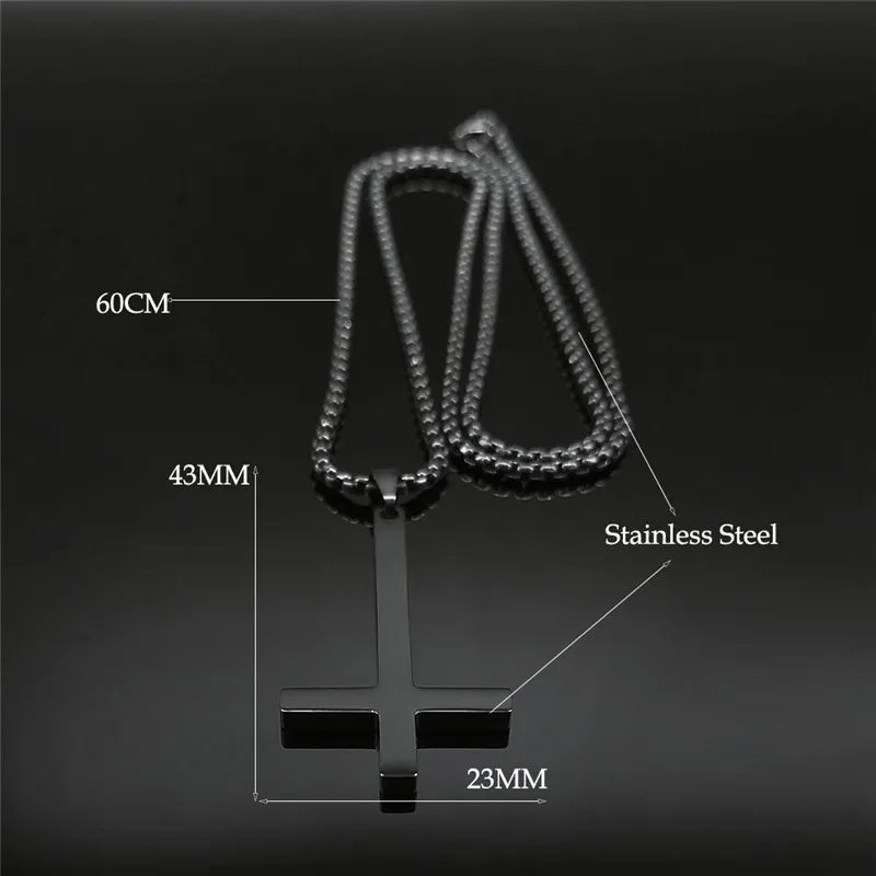 Stainless Steel Upside Down Cross Witchcraft Pagan Necklace - Inverted Cross Black Chain Necklace Jewelry, Model N8374S03