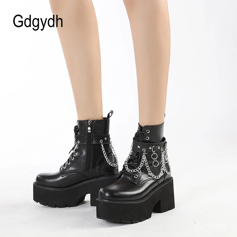 Goth Combat Boots - Women's Sexy Chain Platform Jungle Boots with Chunky Heel, Comfortable Fit | Great for Halloween Cosplay