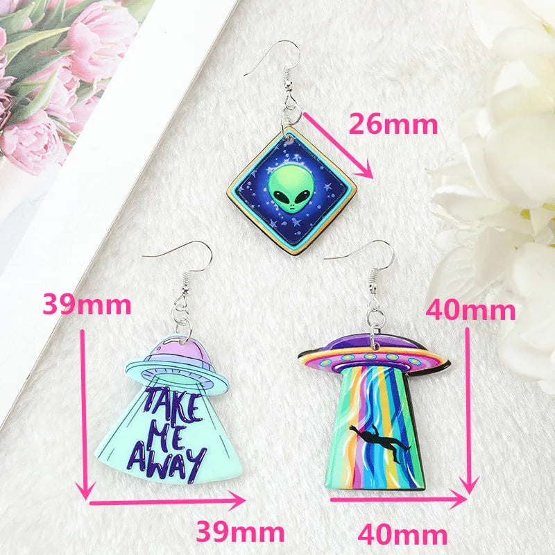 Fashion Pastel Goth Alien Spooky UFO Dangle Earrings - Lovely Jewelry for Girls and Women, Perfect Birthday Gift