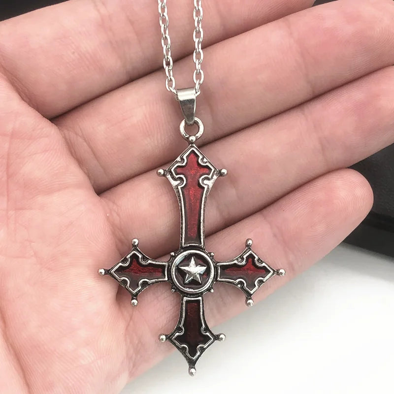 Red Bloody Inverted Cross Pendant Necklace - Vintage Gothic Cross Pendant Satanic Cross Jewelry