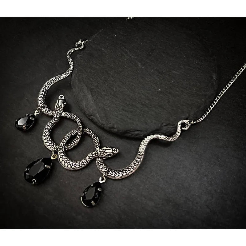 Goth Entwined Snakes Water Drop Crystal Necklace - A statement piece of Gothic Punk Jewelry, perfect for adding a touch of charm to any outfit, whether for parties or as a fashion gift.