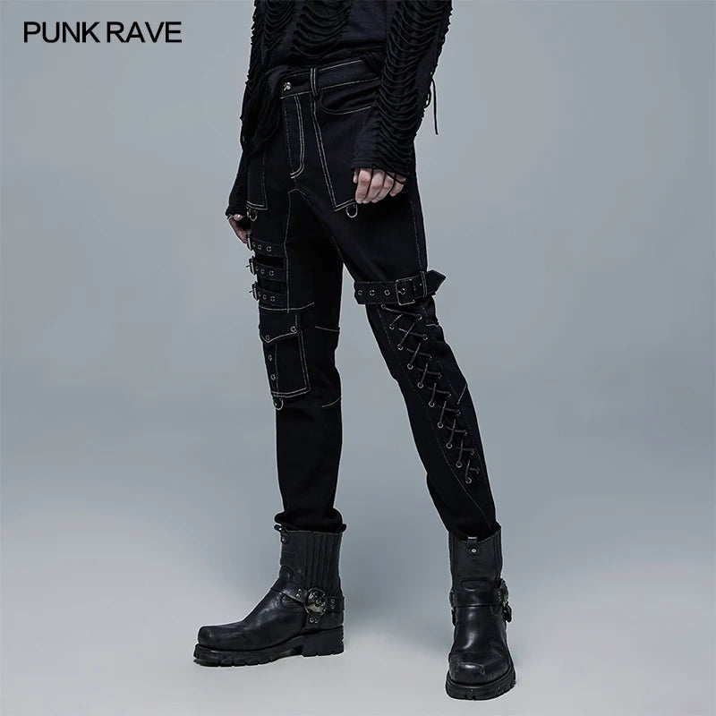 PUNK RAVE Men's Punk Coarse Twill Woven Straight Long Pants Gothic Daily Handsome cool Men Pencil Trousers Streetwear