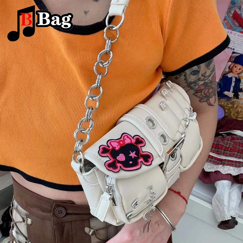 Y2K Gothic Women’s Punk Skull Pin Embellishment Underarm Shoulder Handbag