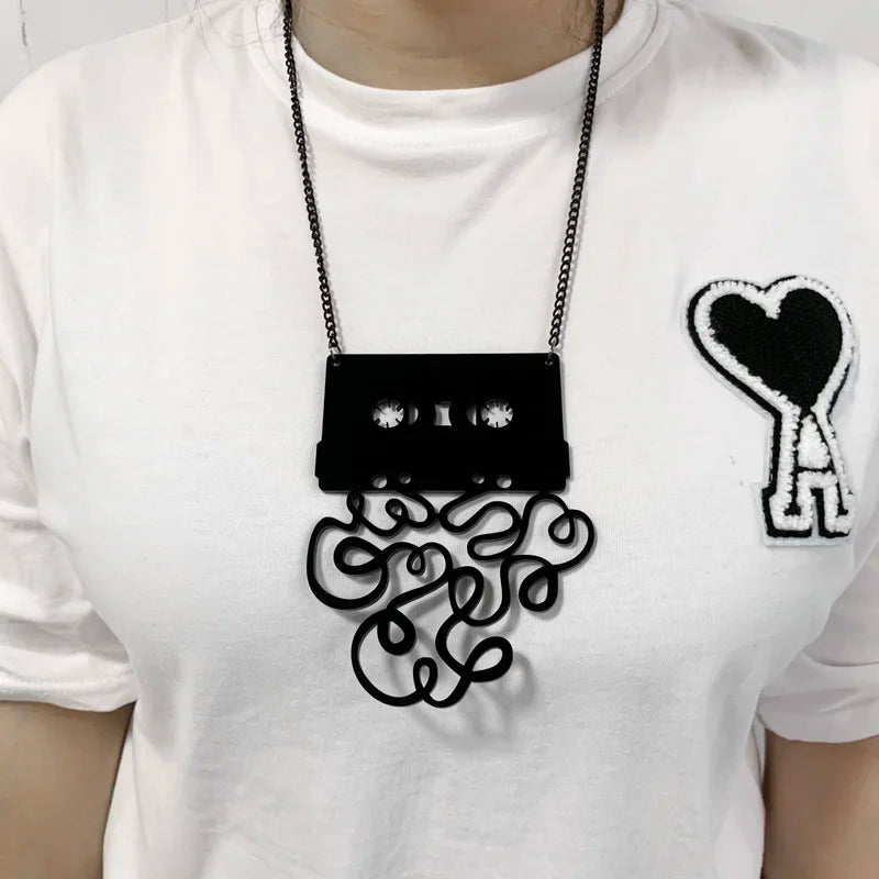 Black Cassette Shaped Large Pendant Necklace