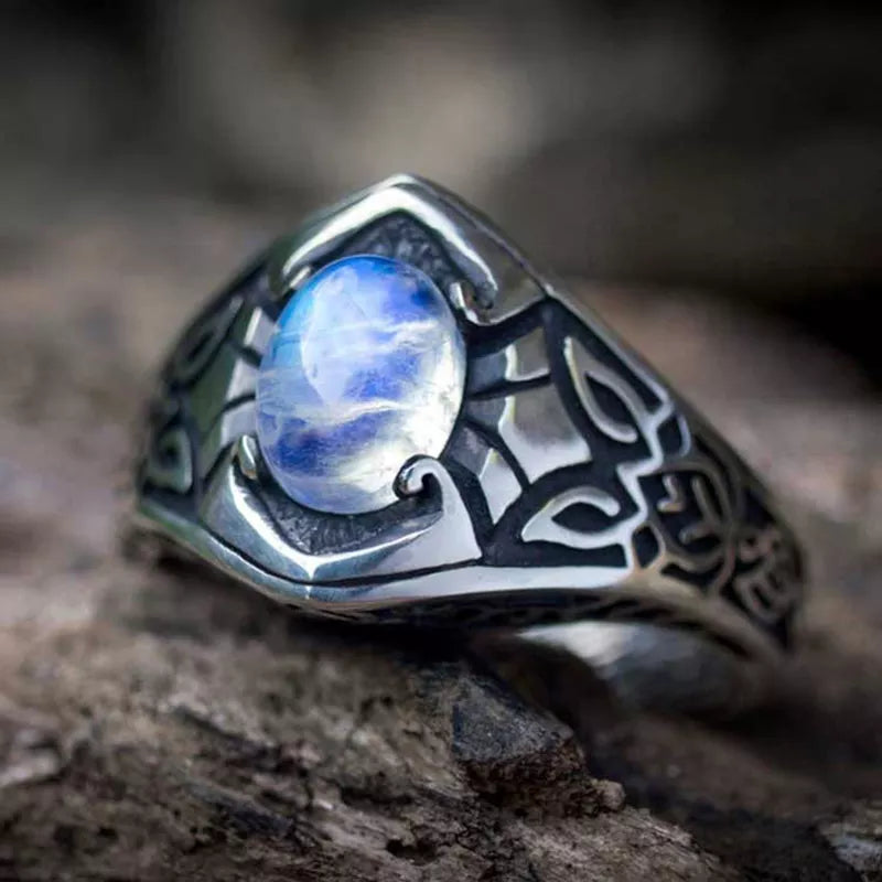 Vintage Nordic Celtic Moonstone Ring – Silver Carved Pattern, Retro Fashion Party Jewelry for Women
