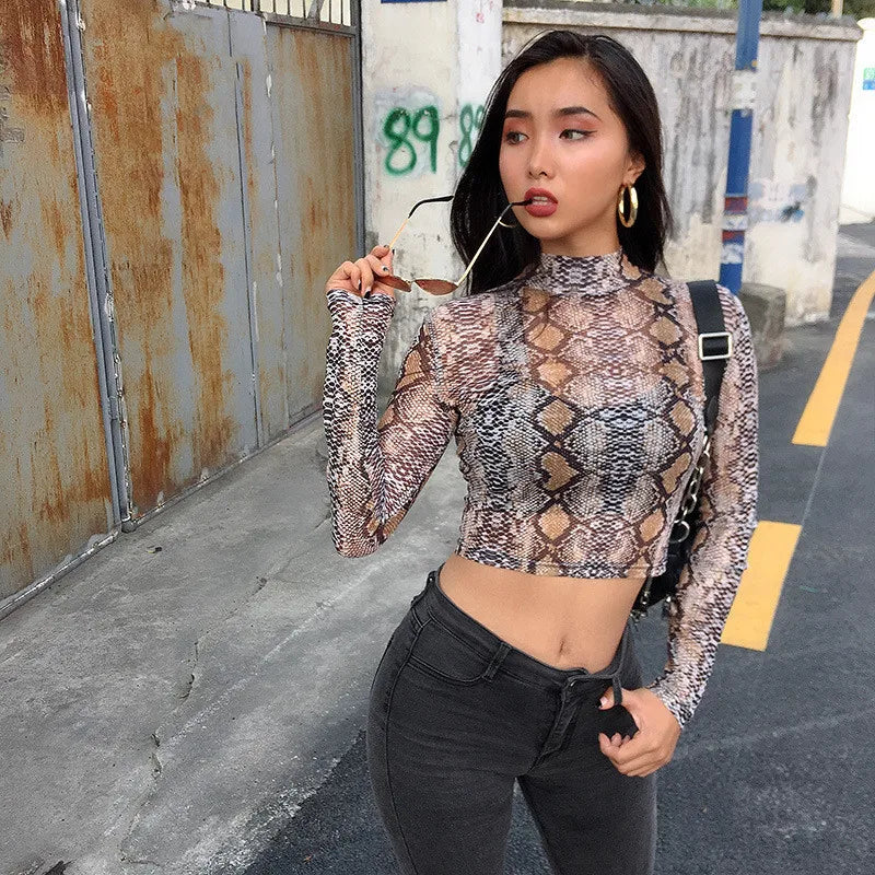 Green Snake Print Mesh Top - Casual Long Sleeve Transparent Snakeskin T-shirt for Women, High Neck Crop Style