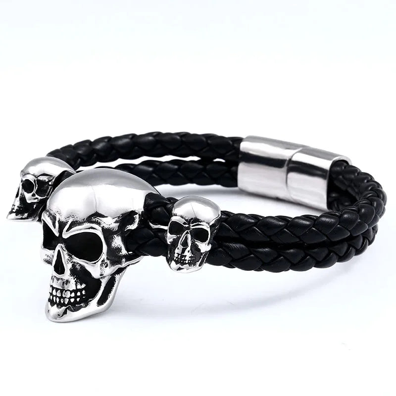 BEIER 316L Stainless Steel Triple Skull Leather Men's Bangle – Punk Rock Biker High-Quality Gift