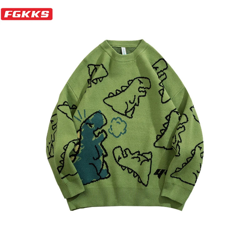 FGKKS Men’s Fashion Knitted Hip Hop Dinosaur Cartoon Pullover - Oversized Casual O-Neck Sweater for Couples”m