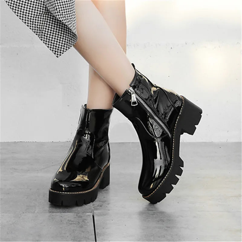 Fashion Punk Platform Ankle Boots - Purple, Yellow, Black Patent Leather Thick Heel Women’s Shoes