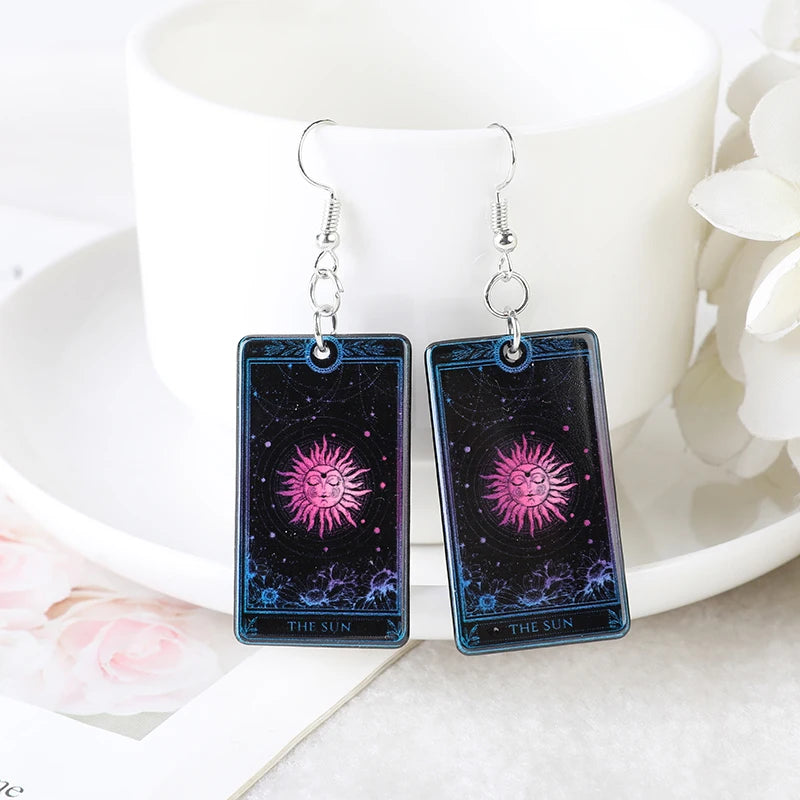 Pair of Tarot Card Dangle Earrings - Skull Lover Design, Acrylic Black, Punk Style, Magical Divination Game Jewelry - Sun Moon Crafts