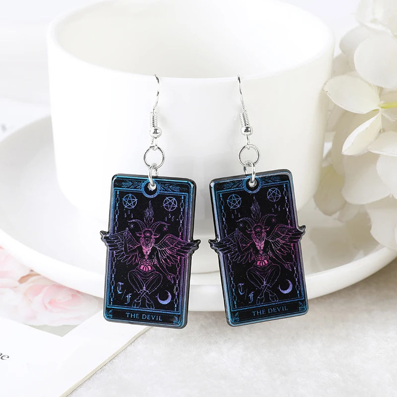 Pair of Tarot Card Dangle Earrings - Skull Lover Design, Acrylic Black, Punk Style, Magical Divination Game Jewelry - Sun Moon Crafts