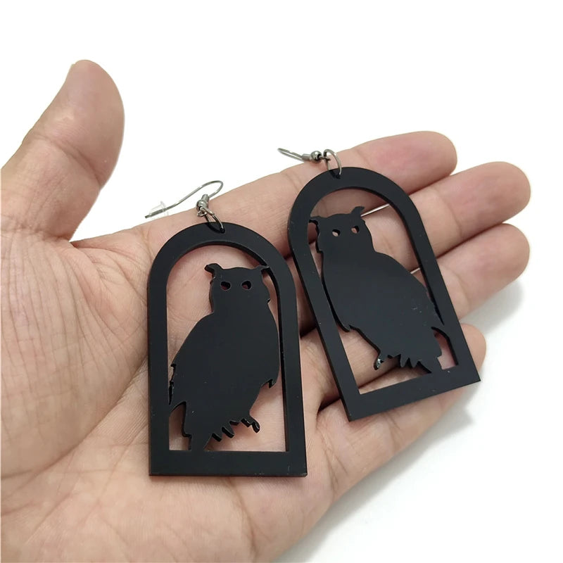 Halloween Owl Dangle Earrings | Black Acrylic Gothic Jewelry for Women