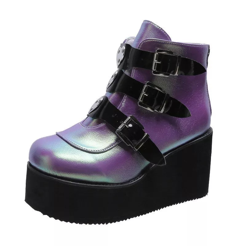 Gothic Winter Buckle Ankle Boots: Punk Platform Boots for Women, featuring Wedges High Heels, ideal for the Edgy Fashion Enthusiasts.