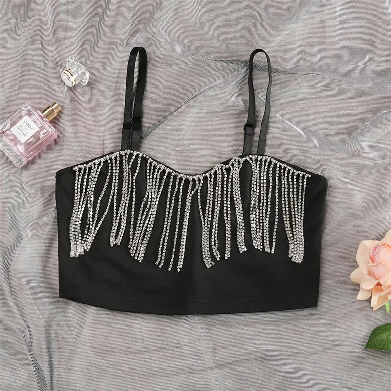 Fashion Sexy Clubwear Diamond Tassel Crop Tops: Sleeveless T-Shirts, Sexy Slim Lady Bralette Tops with Strap, Skinny Female Tee by CNYISHE