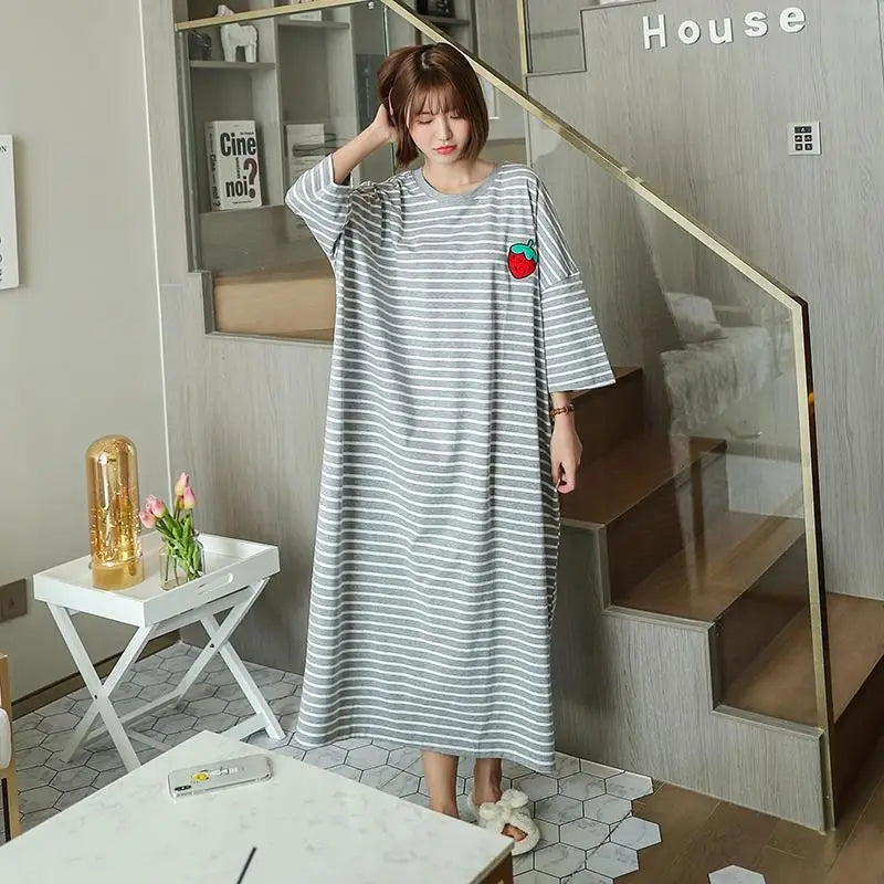 Women Plus Size Striped Nightgown Sleepwear Short Sleeve Long Nightdress Loose Casual Robe Sleepshirt Home Wear 4XL 5XL