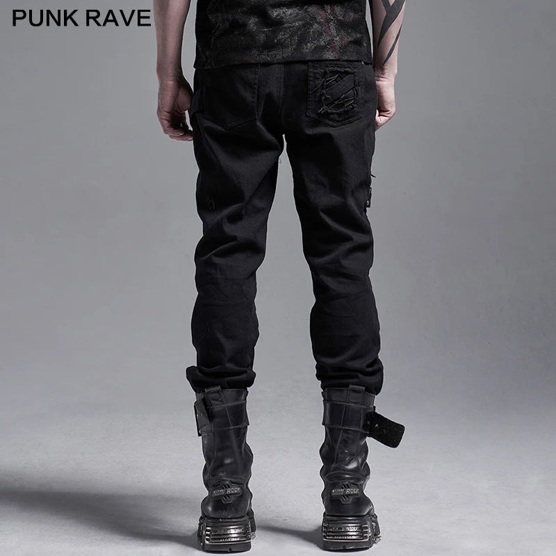 PUNK RAVE Men's Punk Slim Fit Decadent Trousers Handsome Tattered Cotton Gothic Daily Twill Woven Casual Pencil Pants Streetwear