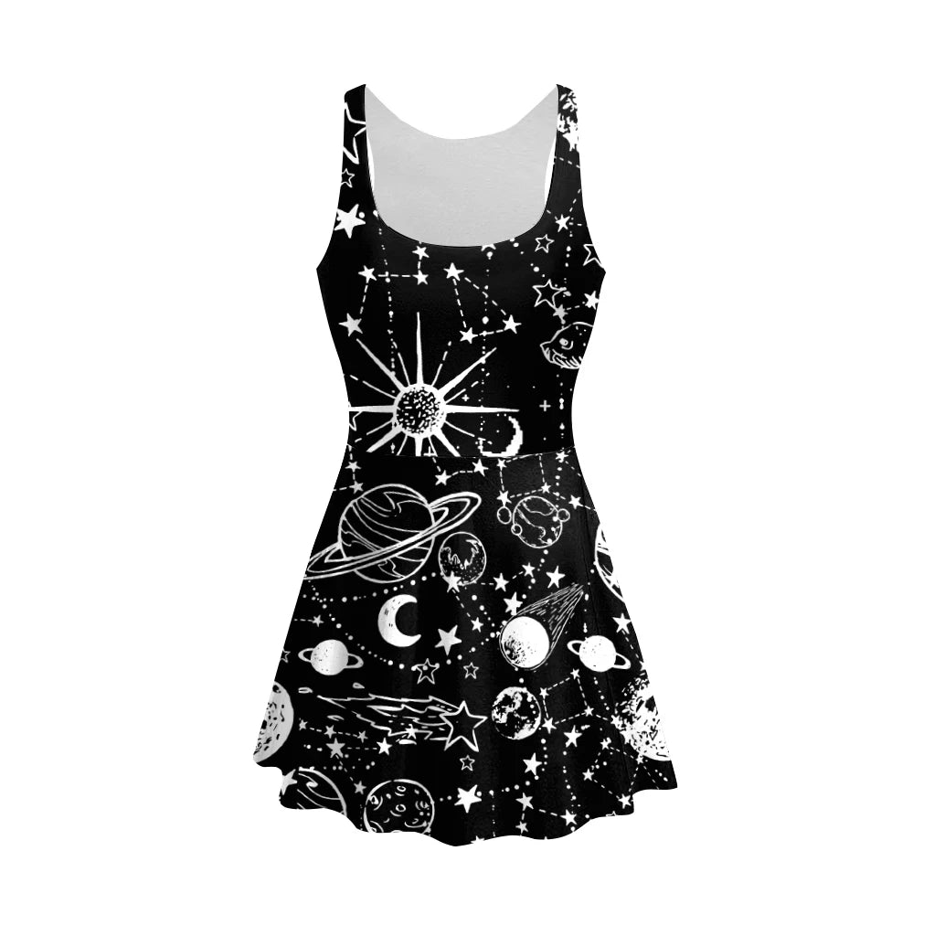 [You're My Secret] Dark Black Lady Tank Dress Galaxy Moon Star Printed Pleated Dresses O-neck Sleeveless Skinny Outfits Summer