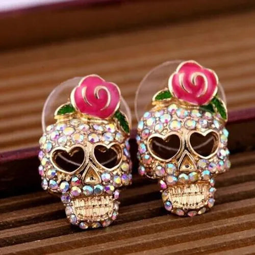 Vintage Rhinestone Crystal Skeleton Skull Earrings - Exaggerated Fashion Punk Ear Jewelry