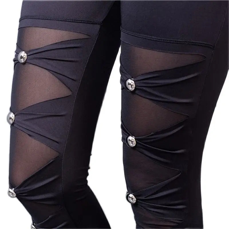 Women's High Street Fashion Mesh Leggings - Lady Fitness Elastic Silver Jewelry Pencil Pants with Punk Rock Striped Bow Detail
