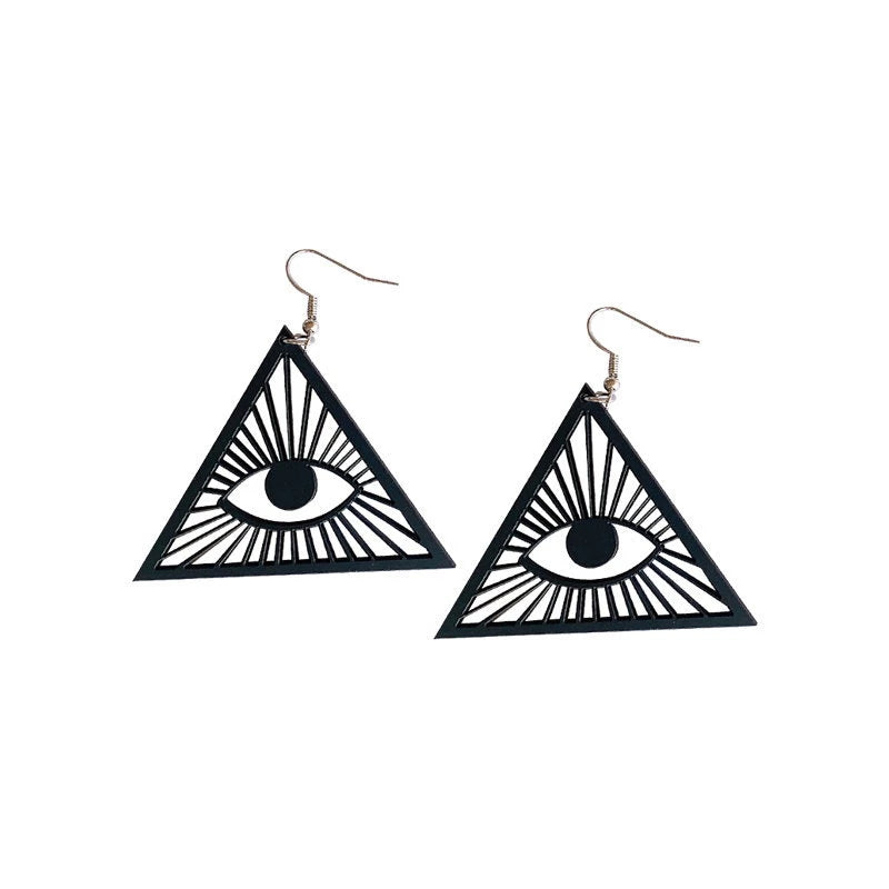 KUGUYS Big Triangle Drop Earrings - Women’s Hollow Out Omniscient Eyes Black Acrylic Geometric Jewelry, Statement Accessories