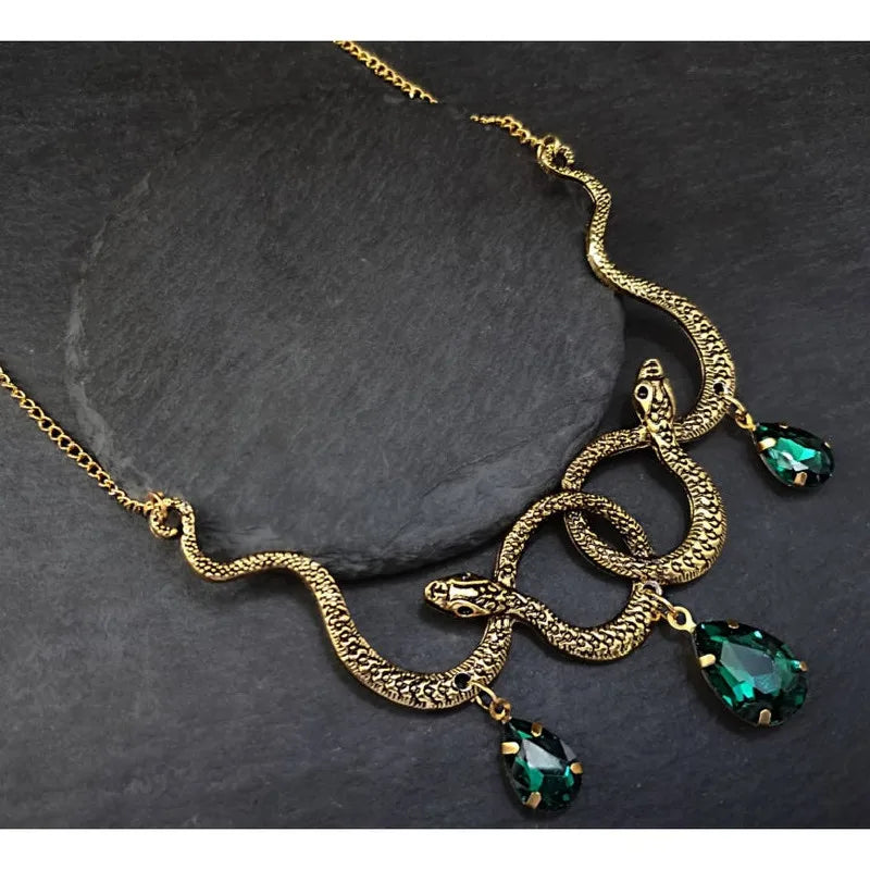 Goth Entwined Snakes Water Drop Crystal Necklace - A statement piece of Gothic Punk Jewelry, perfect for adding a touch of charm to any outfit, whether for parties or as a fashion gift.