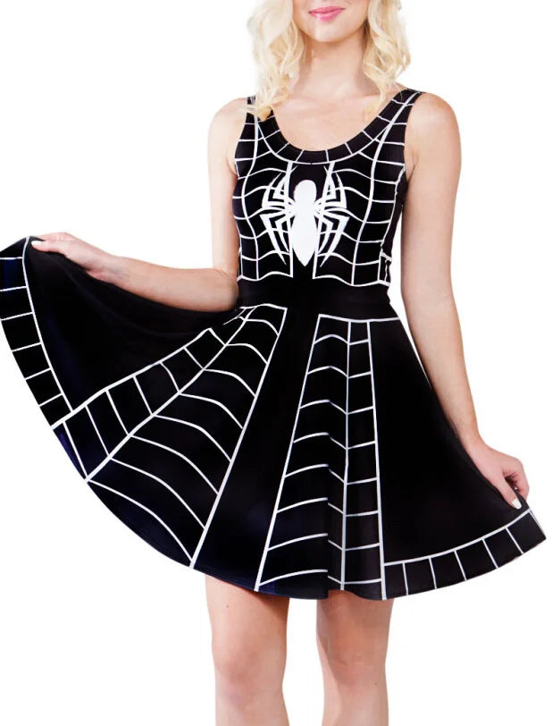 [You're My Secret] Women Black One-piece Dress Gothic Spider Abstract Fashion Clothes Summer Sexy Pleated Tank Dress Clubwear