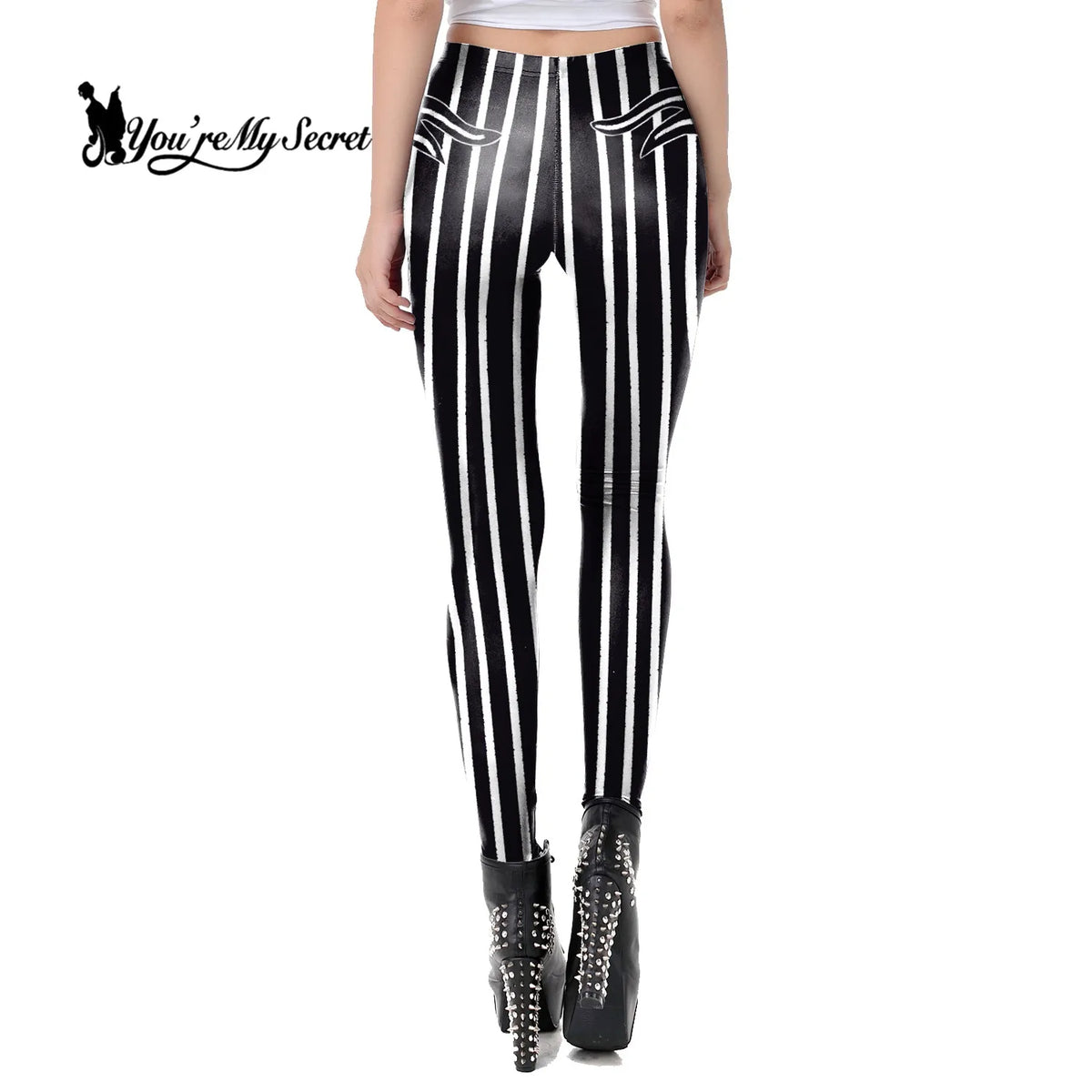 [You're My Secret] Black and White Stripes High Waist Coloring Pattern Women's Pant Halloween Soft Fabric Leggings Women Fitness