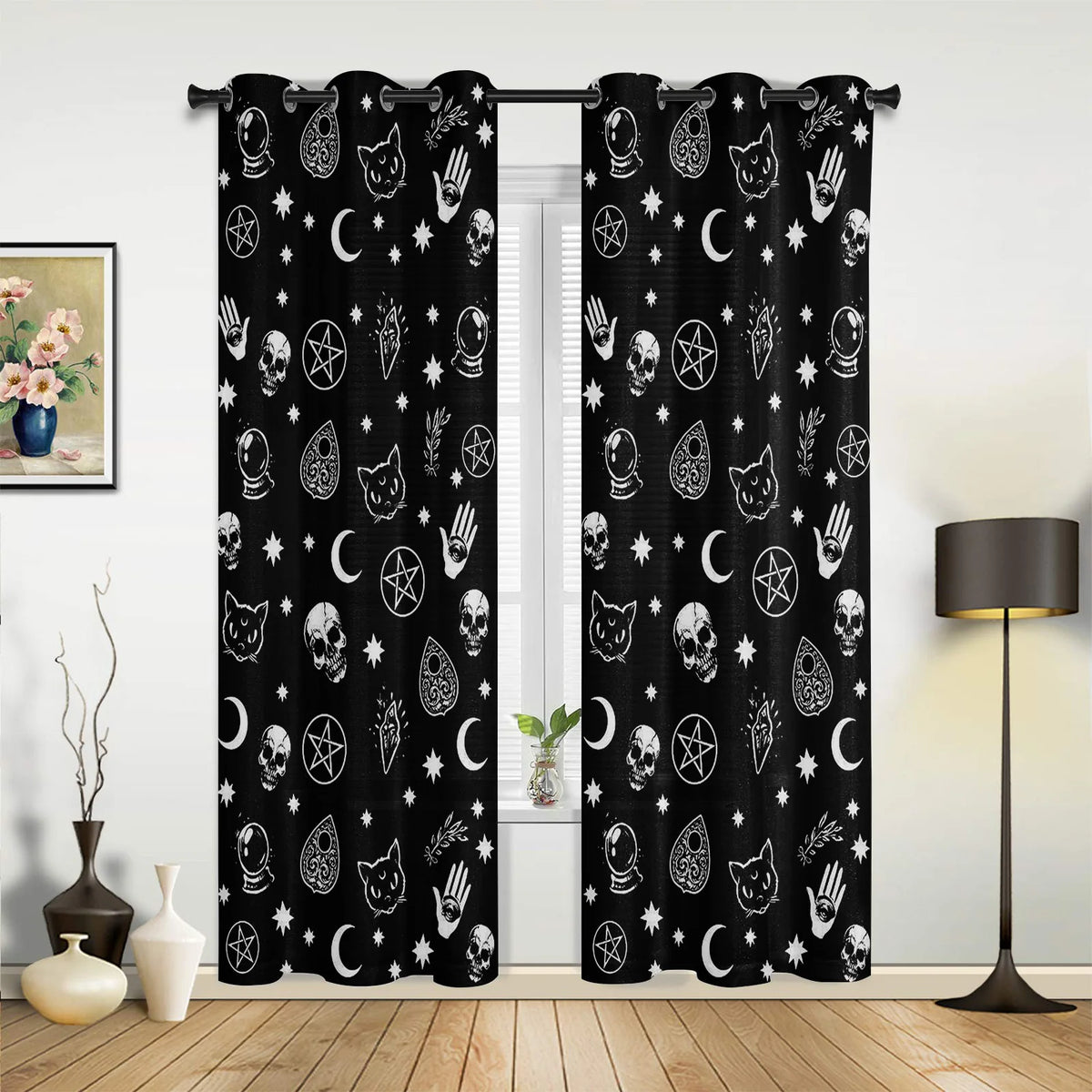 Kitchen Curtains Black Witch Skull Moon Divination Window Curtains for Living Room Bedroom Drapes Bedroom Curtains