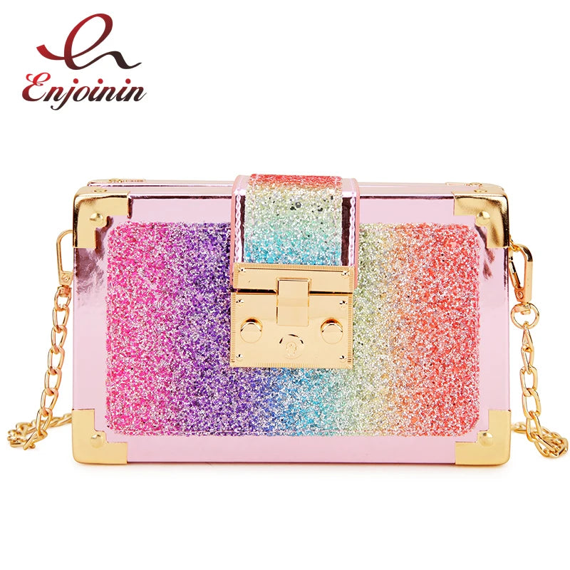 Luxury Fashion Gradient Color Sequins Box Style Party Clutch Bag Shoulder Chain Bag Crossbody Bag for Women 2020 New Evening Bag