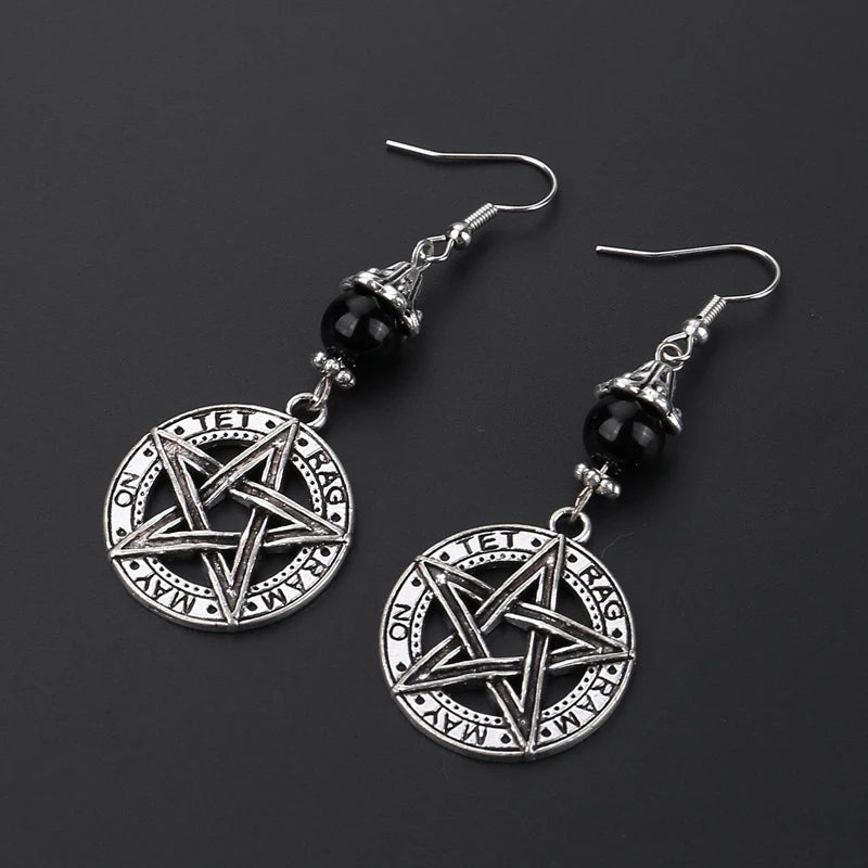 Gothic Dark Style Moon Sun Pentagram  Dangle Earrings