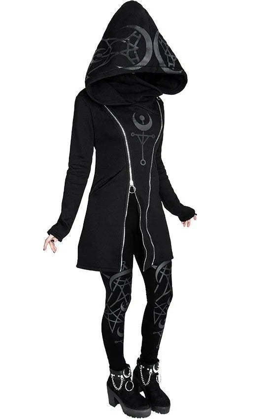 5XL Plus Size Halloween Medieval Women's Punk Style Print Long Sleeve Hooded Double Zipper Hoodies Long Black Hoodie